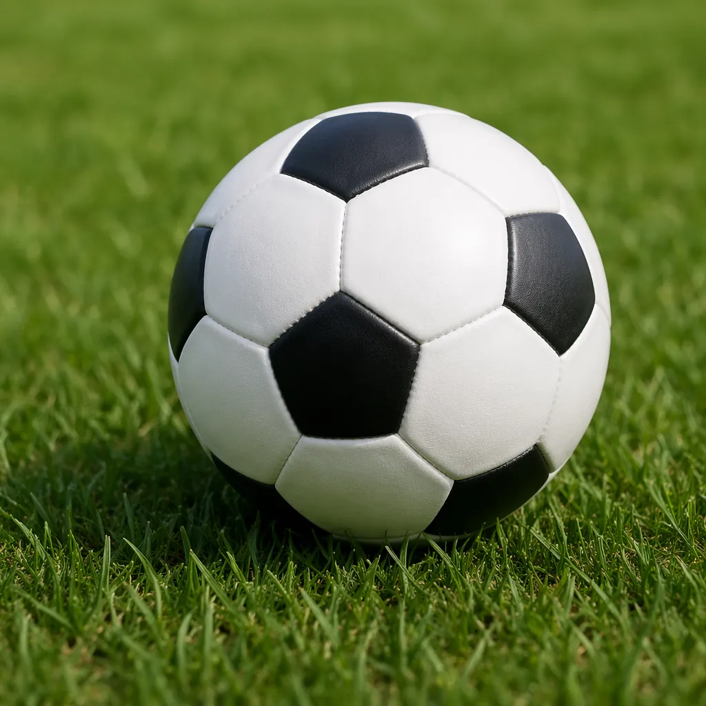 A close-up shot of a plain unbranded football resting on well-manicured green gr