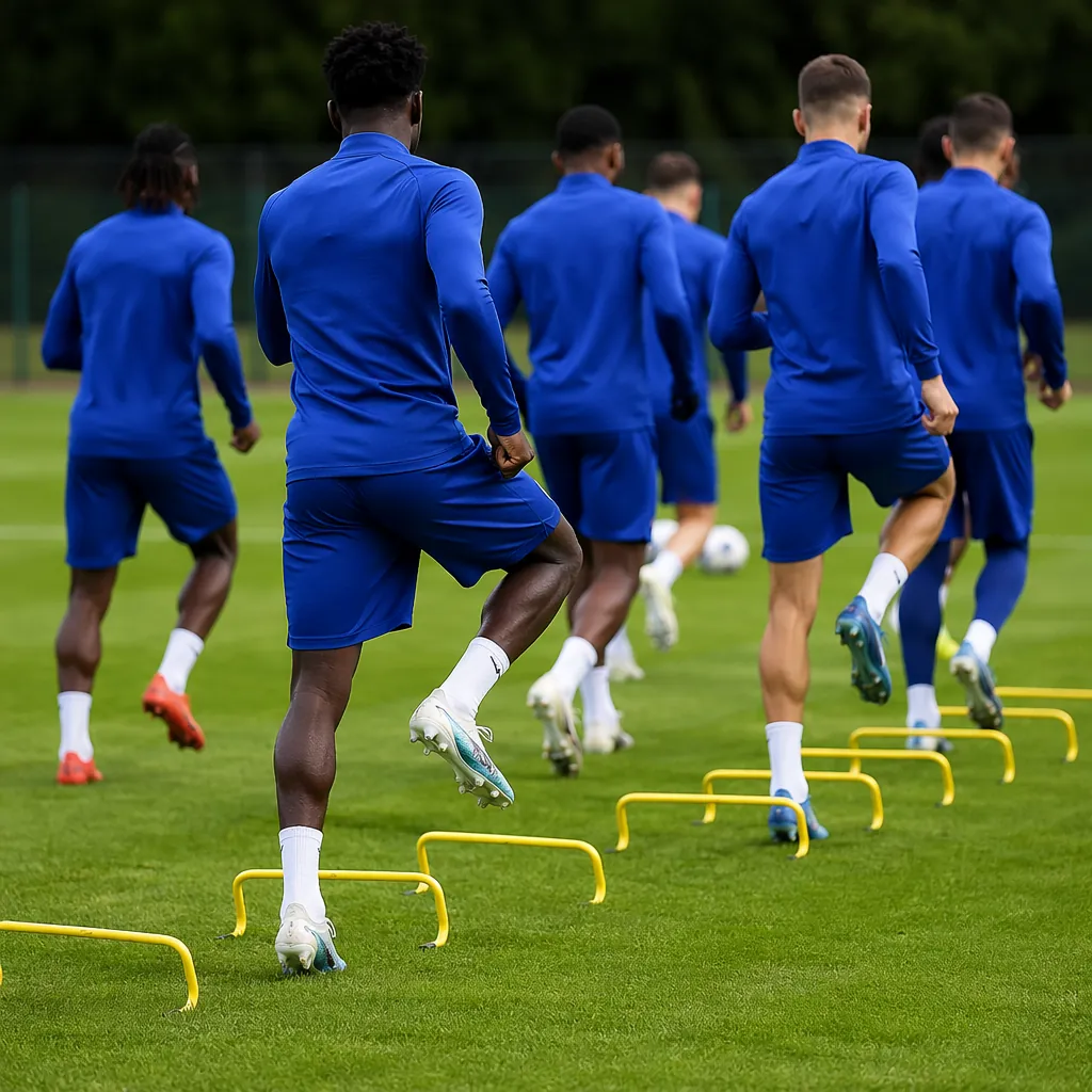 A group of anonymous football players in solid blue training kits doing warm-up