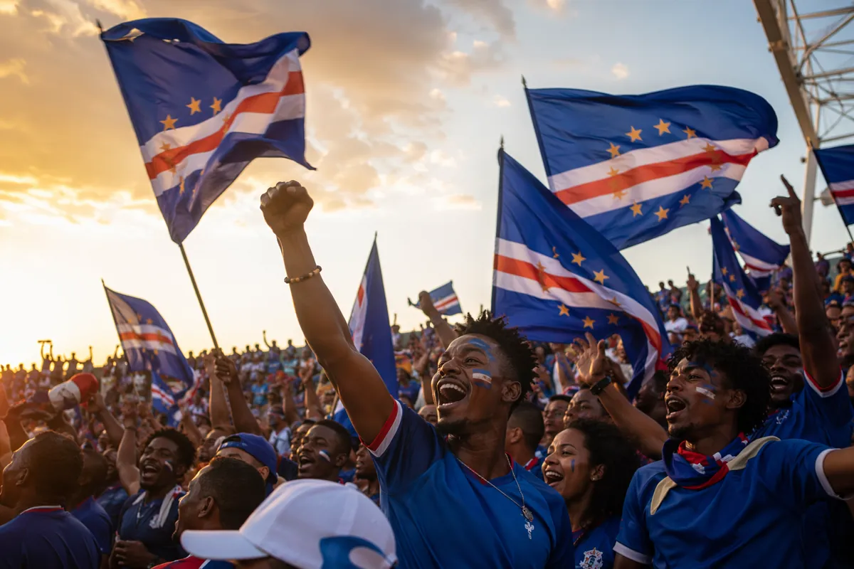 Wide shot of Cape Verde national football team fans celebrating with blue and white nation