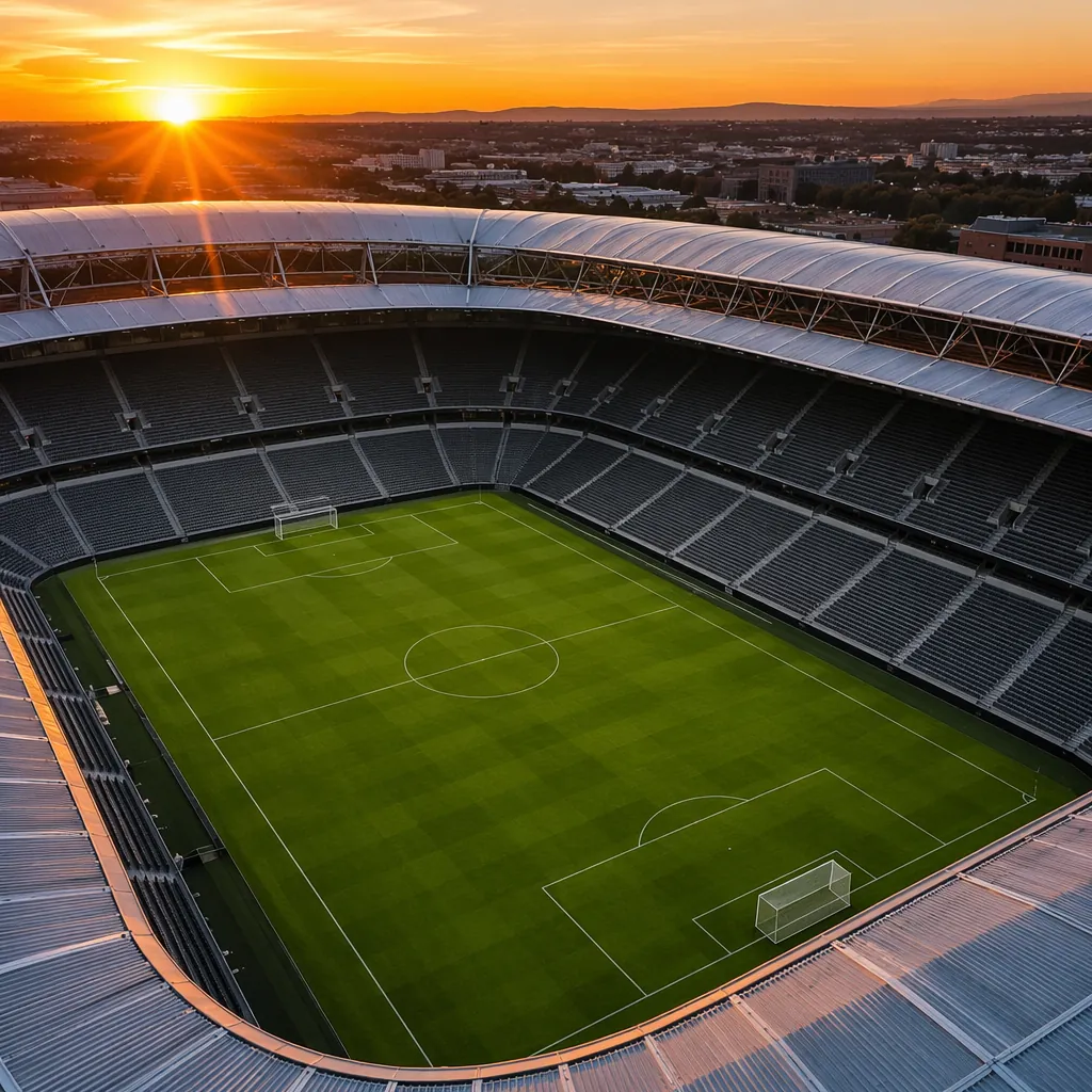 Aerial view of a modern football stadium during sunset, empty pitch with well-ma