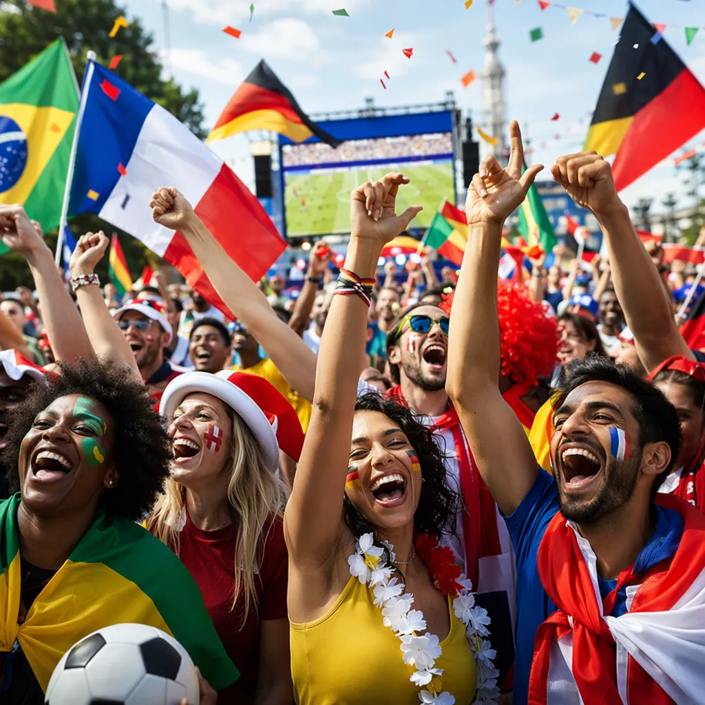 Lively international football fan zone with diverse fans cheering, colorful nati
