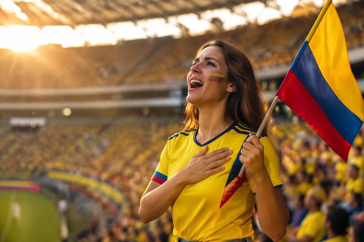 Wide shot of a female football fan in a bright national team jersey standing in a stadium
