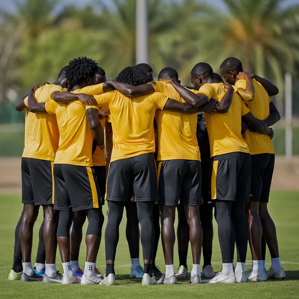 African football team huddling on a green training pitch, sunny weather, blurred