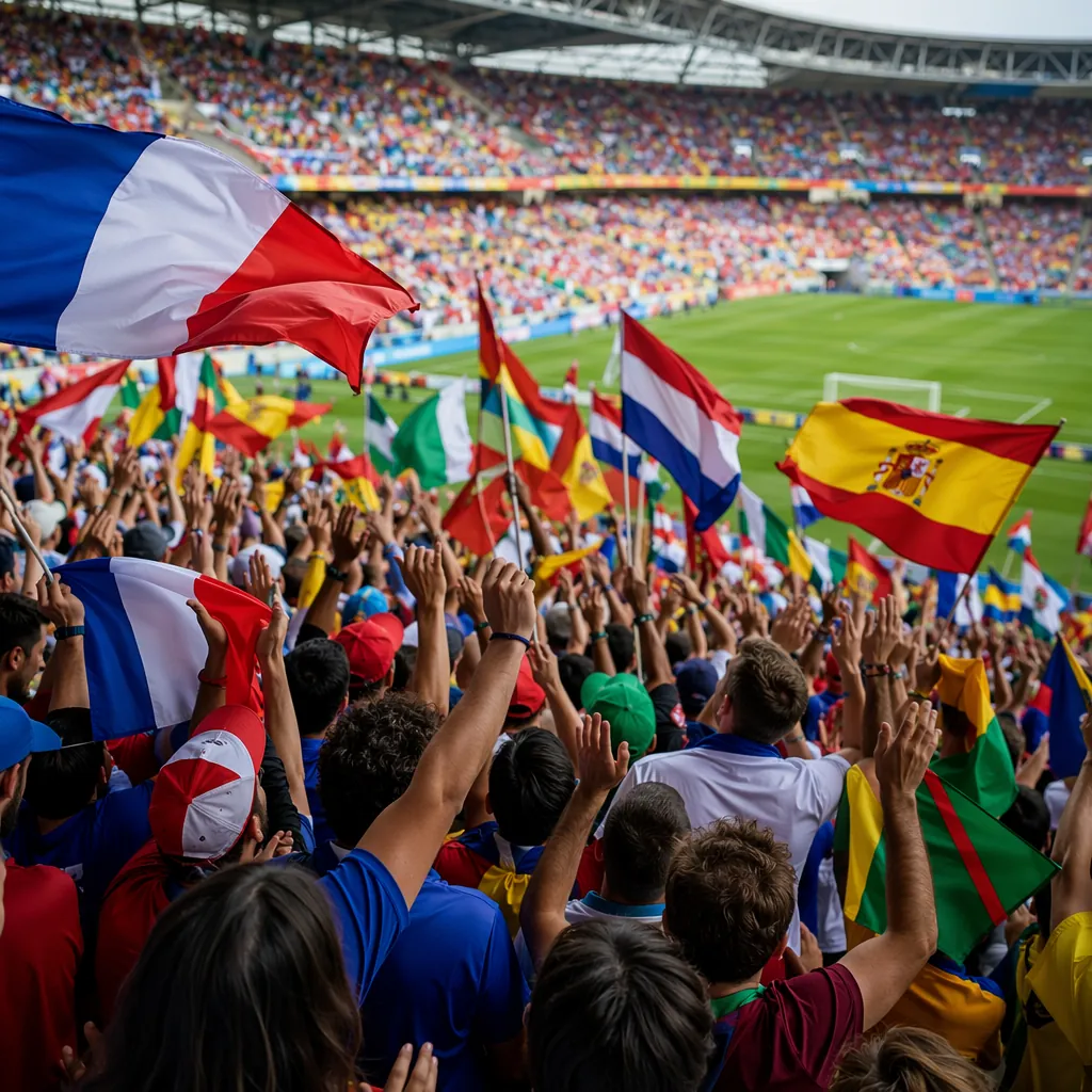 Colorful football fans cheering in a stadium stand, various national flags wavin