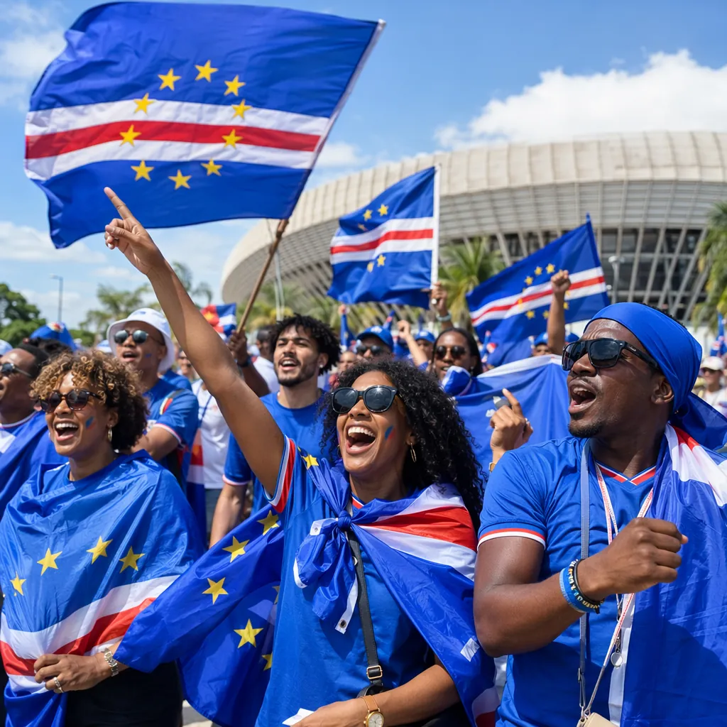Group of football fans from Cape Verde waving national flags and cheering outsid