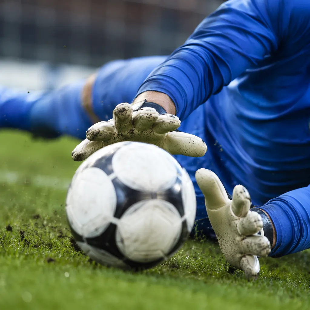 Close up action shot of a goalkeeper in generic blue kit diving to save a footba