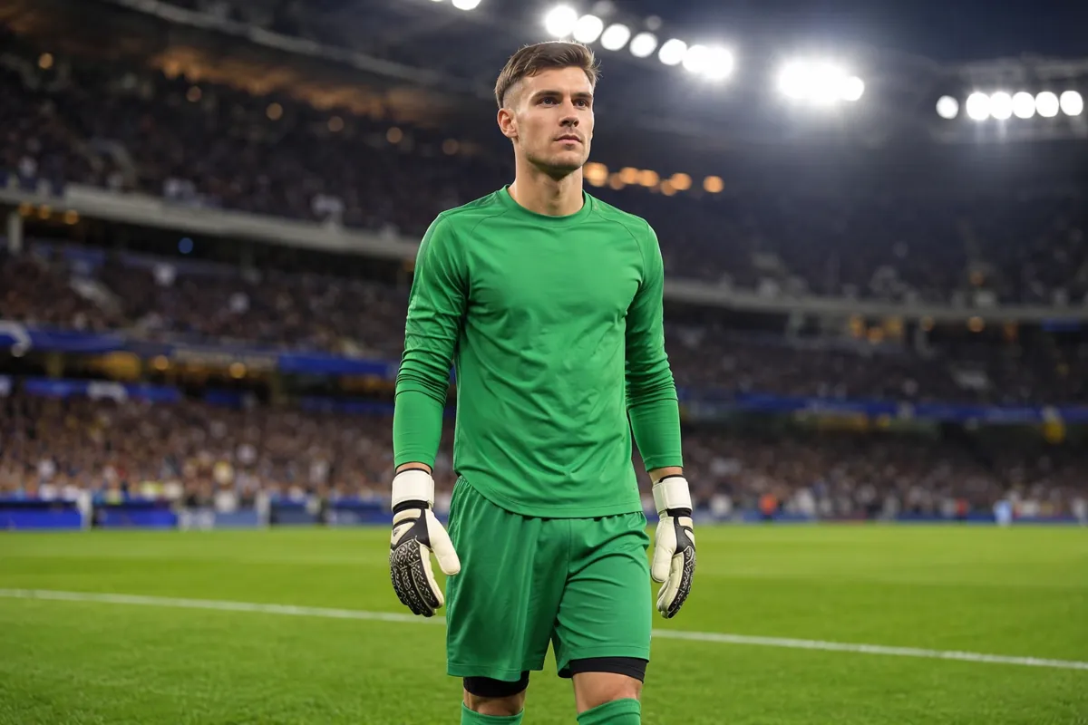 Professional football goalkeeper wearing generic unbranded kit standing on a green footbal