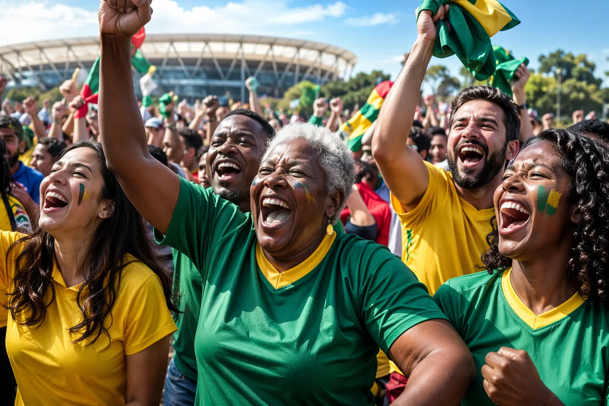 Wide shot of a vibrant World Cup fan zone, a senior African woman wearing a plain national