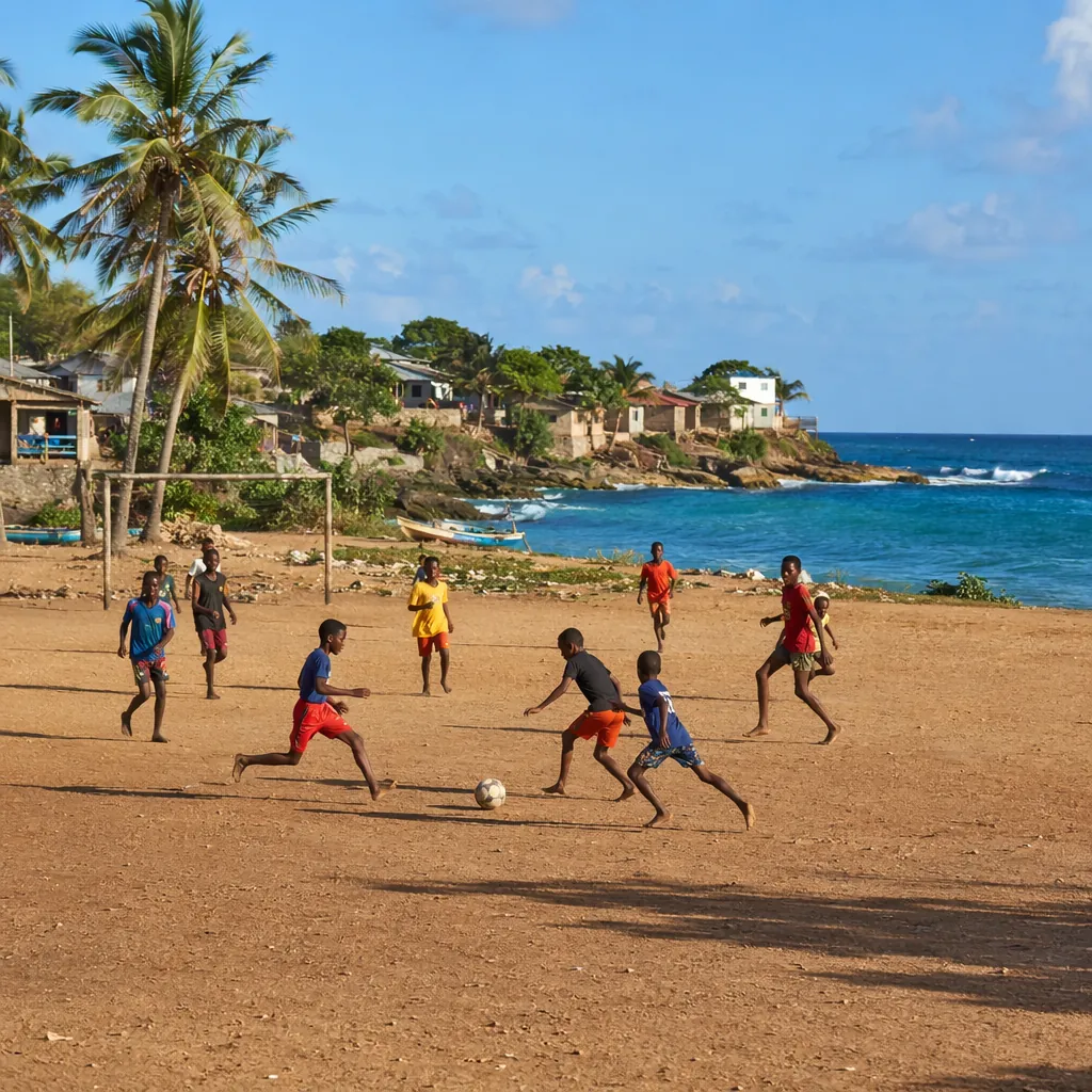Wide shot of a small coastal football pitch on a tropical island, local children