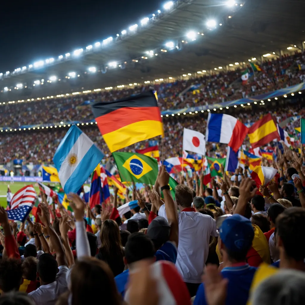 Crowded football stadium stands filled with cheering fans waving various nationa