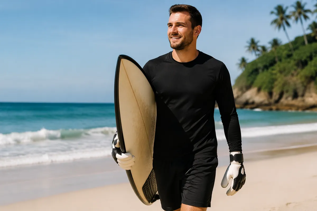 Professional football goalkeeper relaxing on a tropical beach, holding a surfboard, sunny