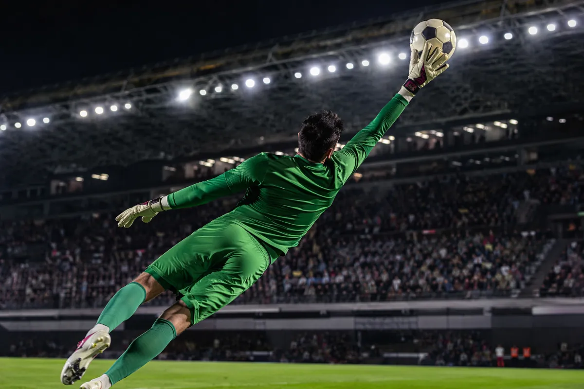 A professional football match scene, goalkeeper jumping to make a diving save, stadium flo