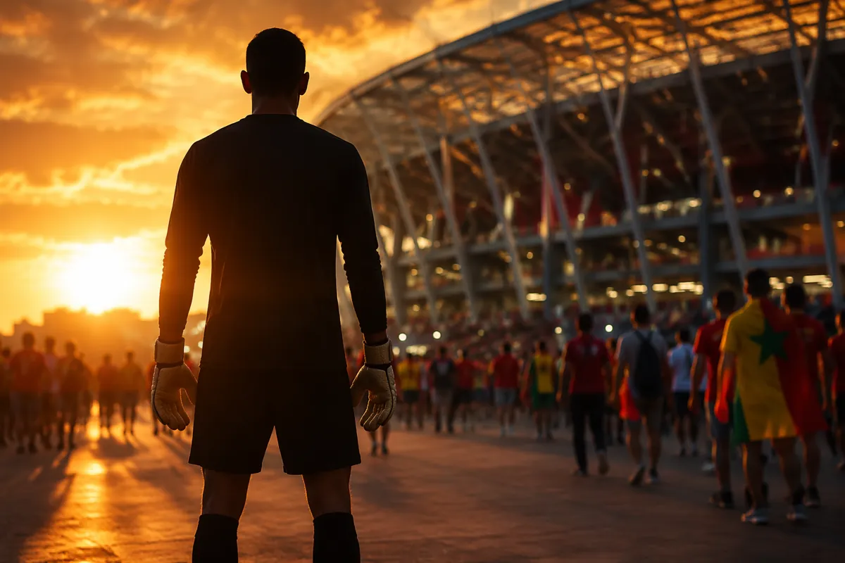 Silhouette of a male football goalkeeper standing outside a large modern football stadium,