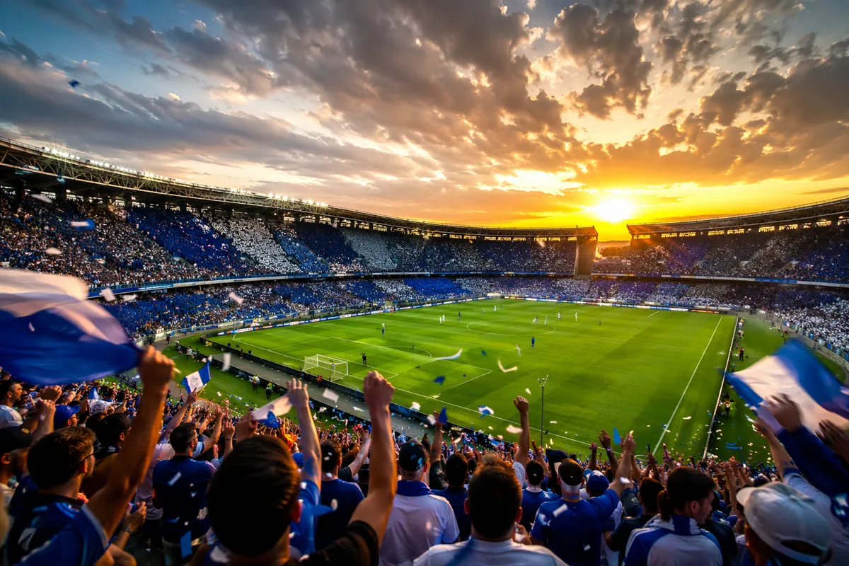Wide shot of a vibrant football stadium at sunset, with cheering fans wearing blue and whi