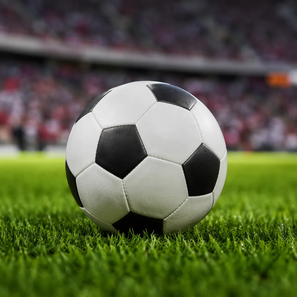Close-up shot of a football on a well-maintained green pitch, with blurred crowd