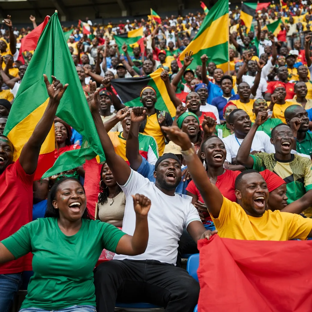 Wide shot of generic African football fans cheering in the stands, wearing plain