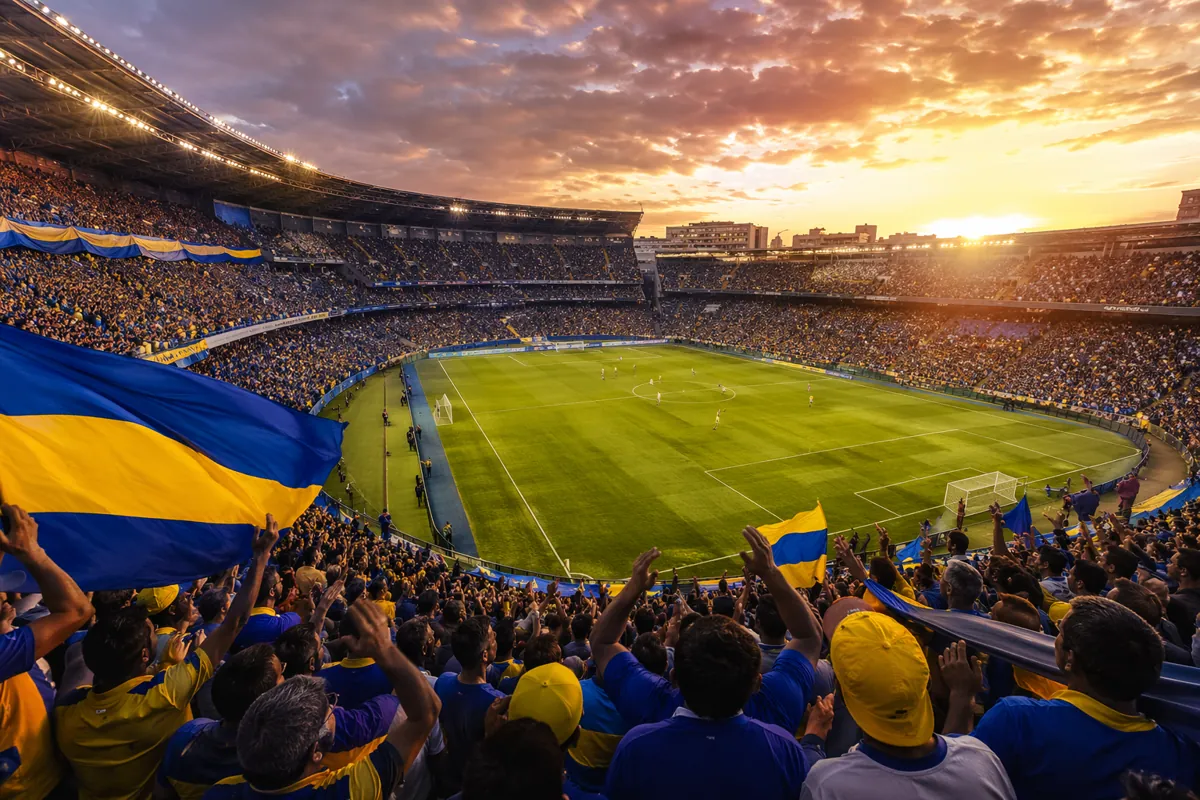 Wide shot of a vibrant football stadium during sunset, crowds of cheering fans in blue and