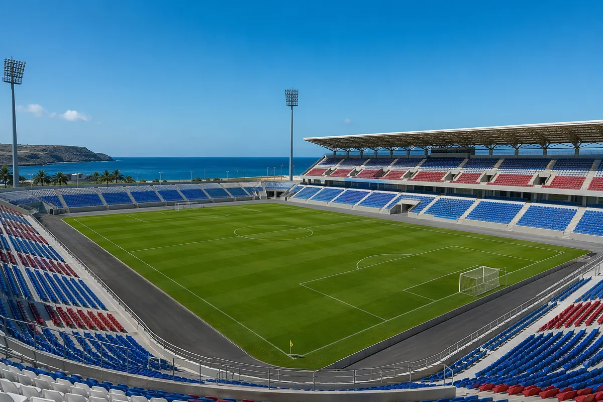 Professional photojournalism shot of a modern coastal football stadium in a West African i