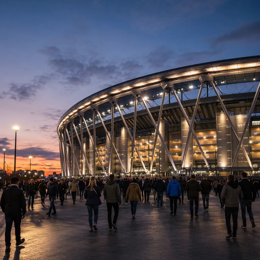Wide shot of a modern football stadium exterior at dusk, bright lights illuminat