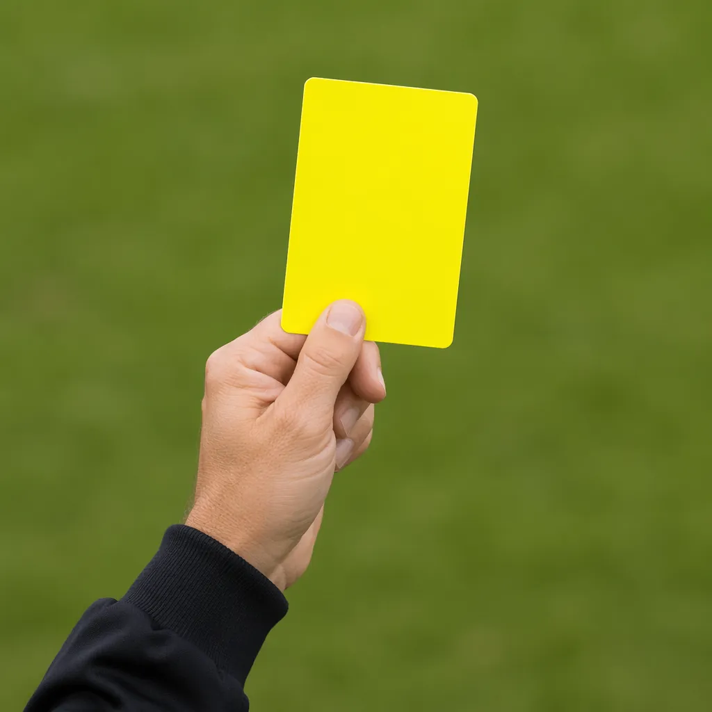Close up shot of a referee's hand holding a bright yellow card, with blurred gre
