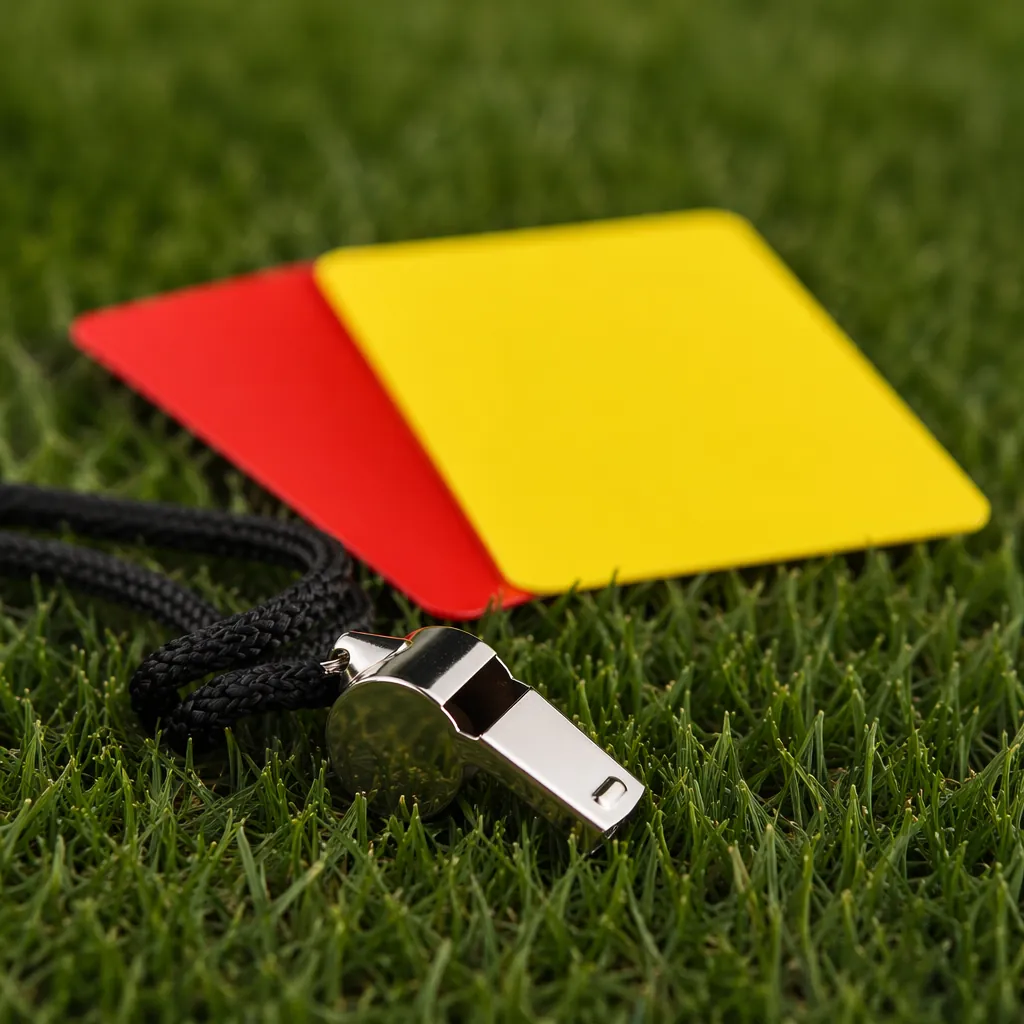 Close up of a referee's whistle and yellow red cards on a green grass background