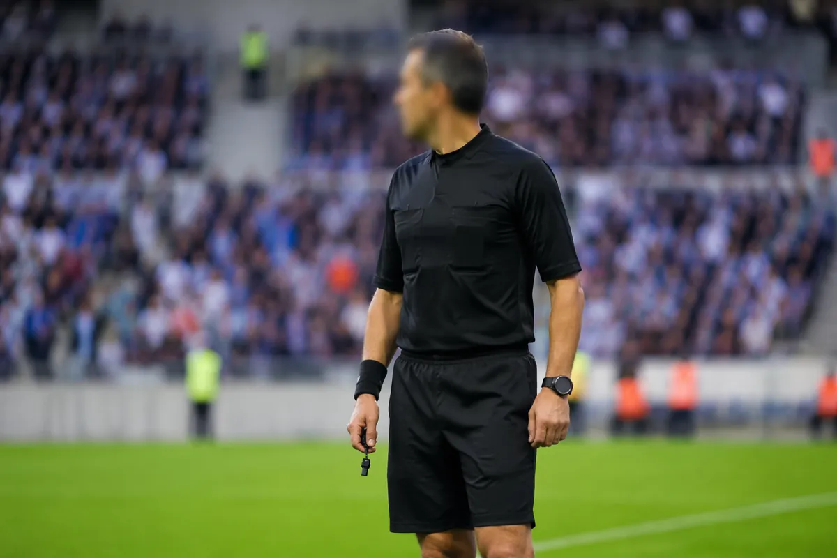A professional football referee wearing black uniform with blurred face stands on green fo