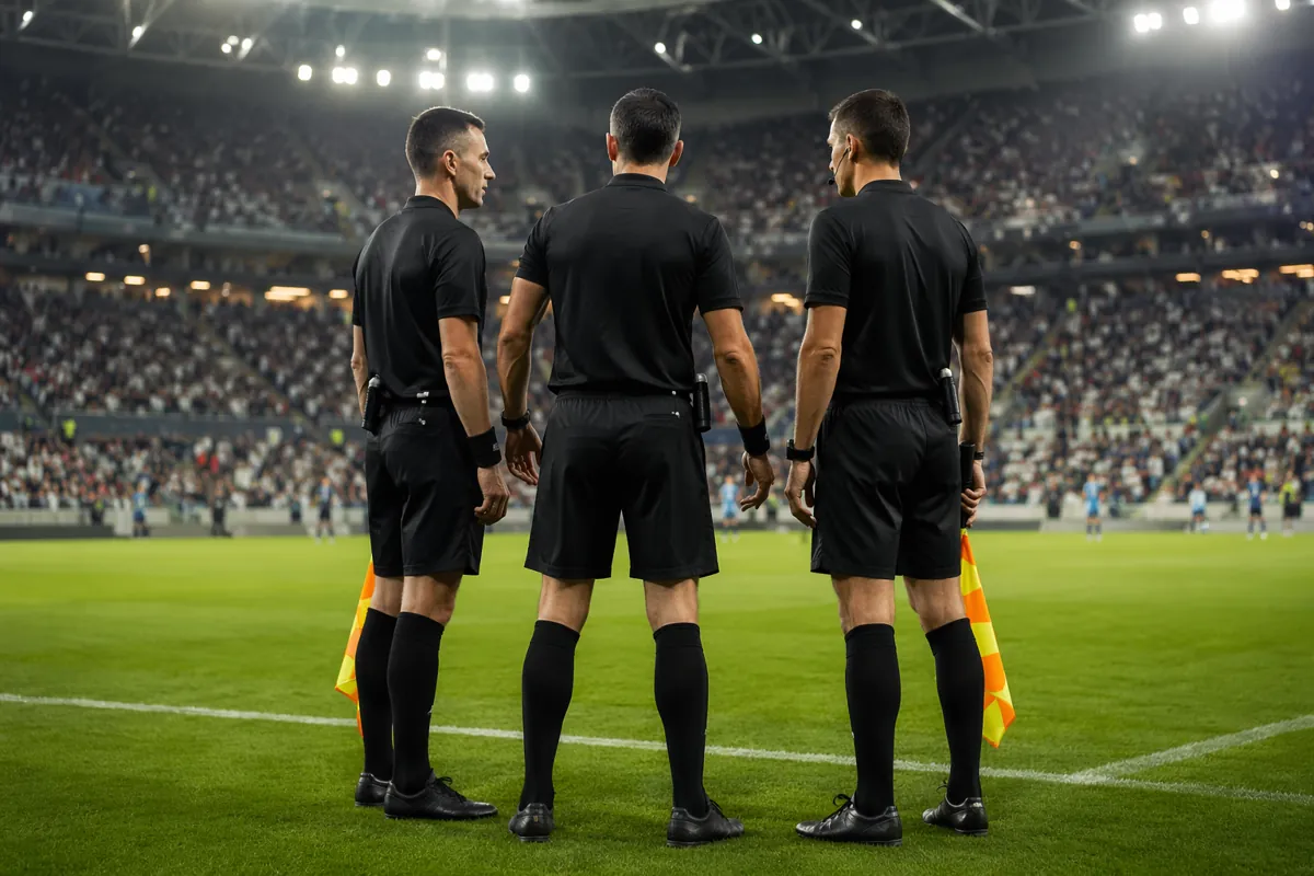 Professional sports editorial photograph, three anonymous football referees in black unifo