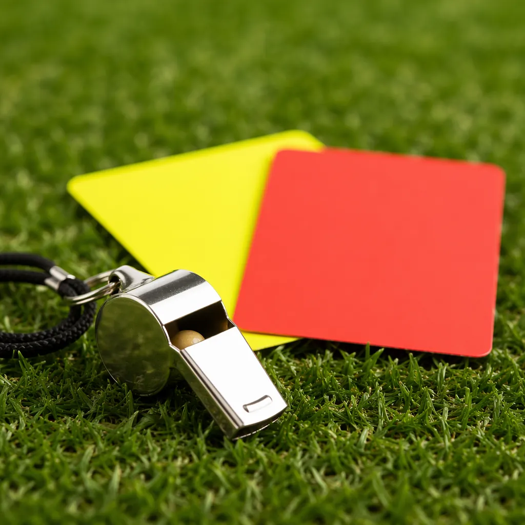 Close-up of a referee's whistle, yellow card and red card placed on green grass