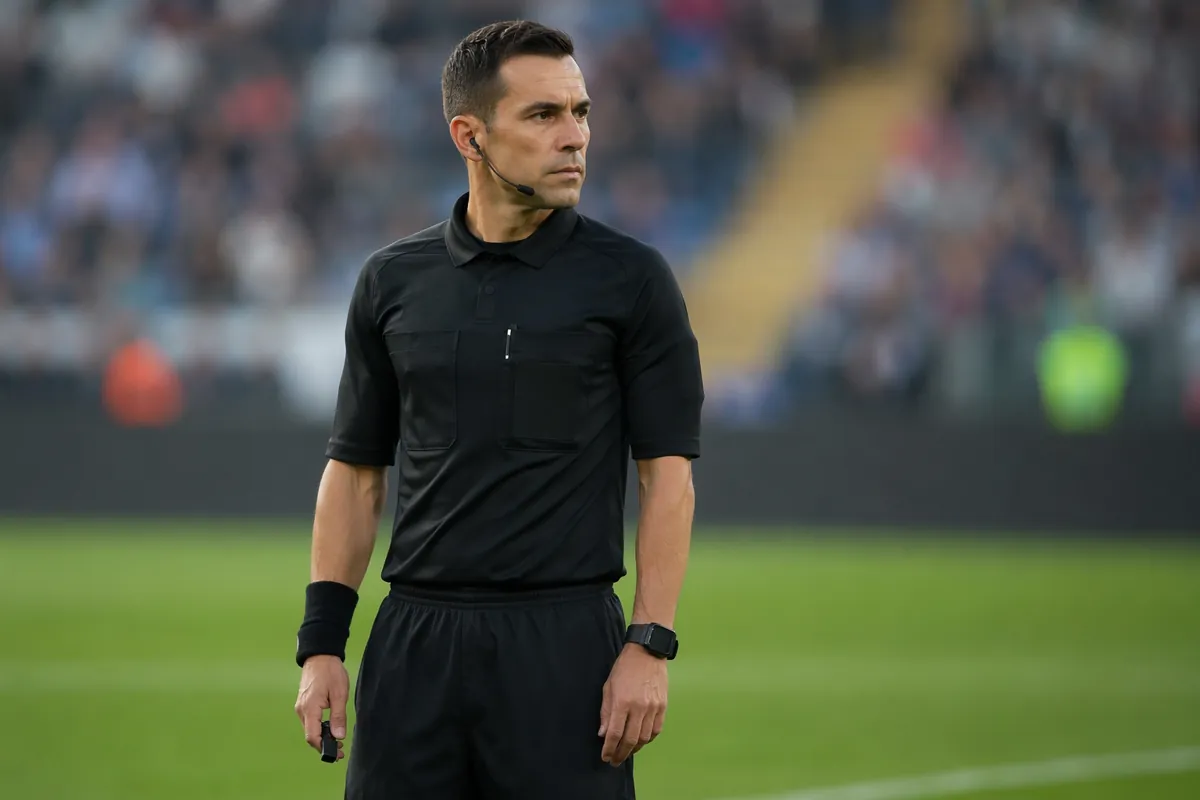Professional football referee in official uniform standing on green football pitch, blurre