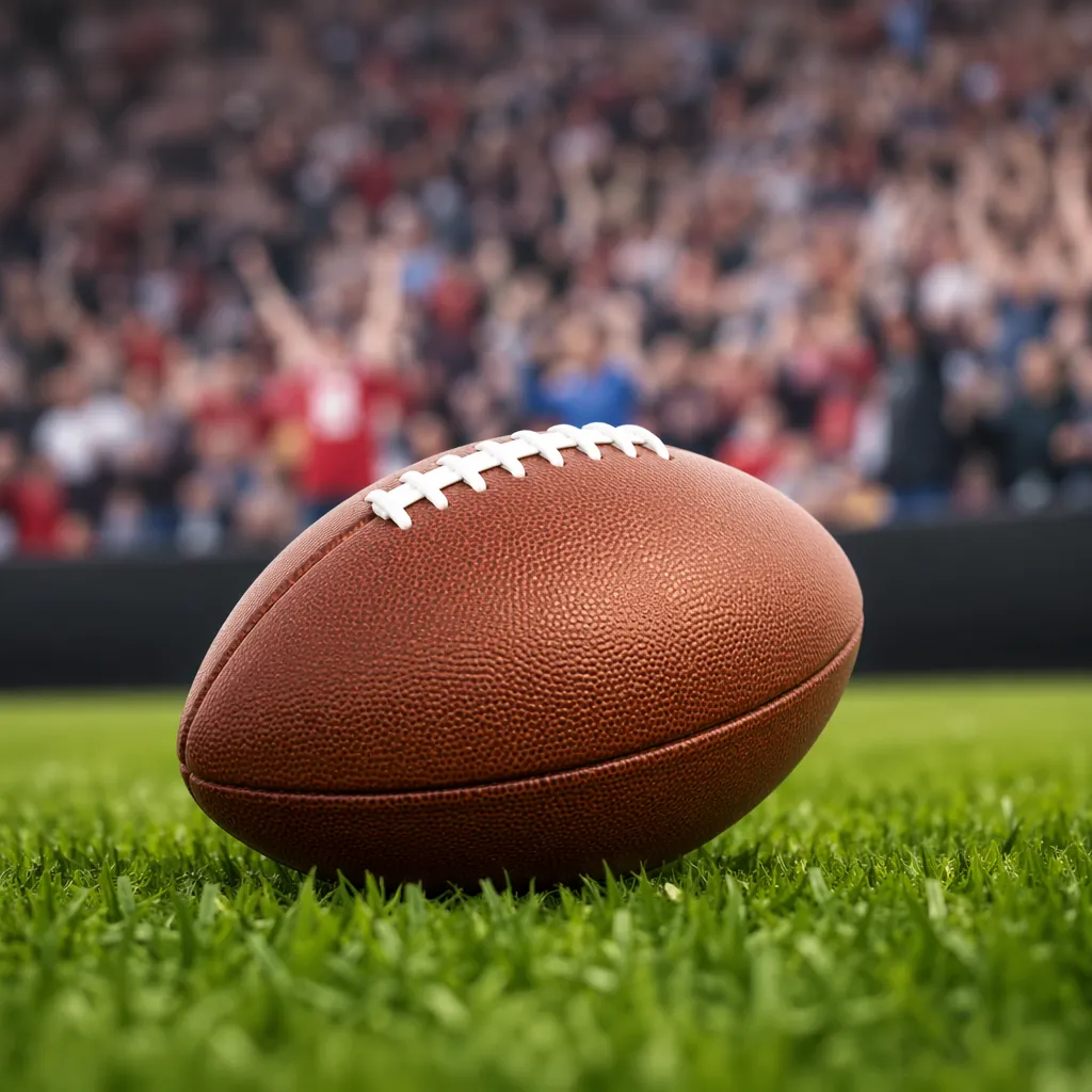 Close up shot of a generic football rolling on green grass, with blurred cheerin