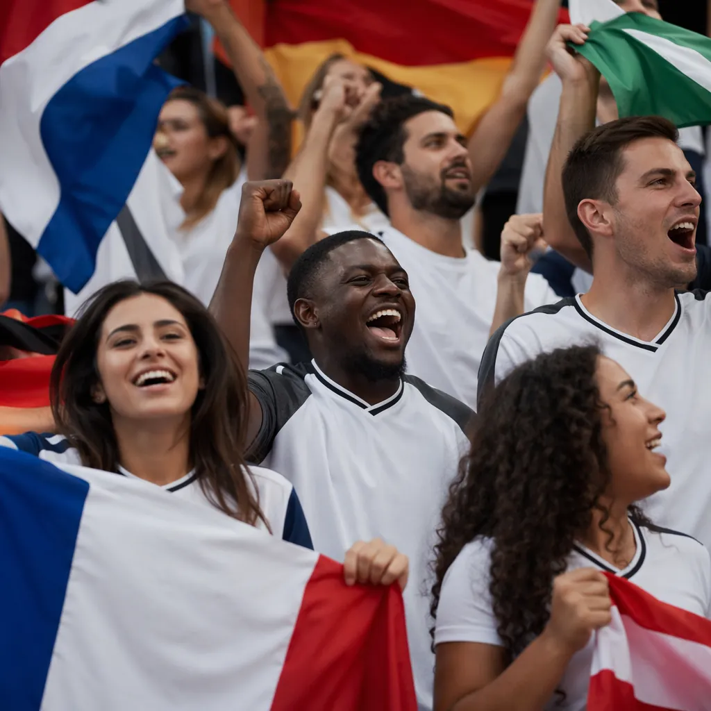 Medium shot of diverse football fans wearing neutral colored jerseys, cheering a