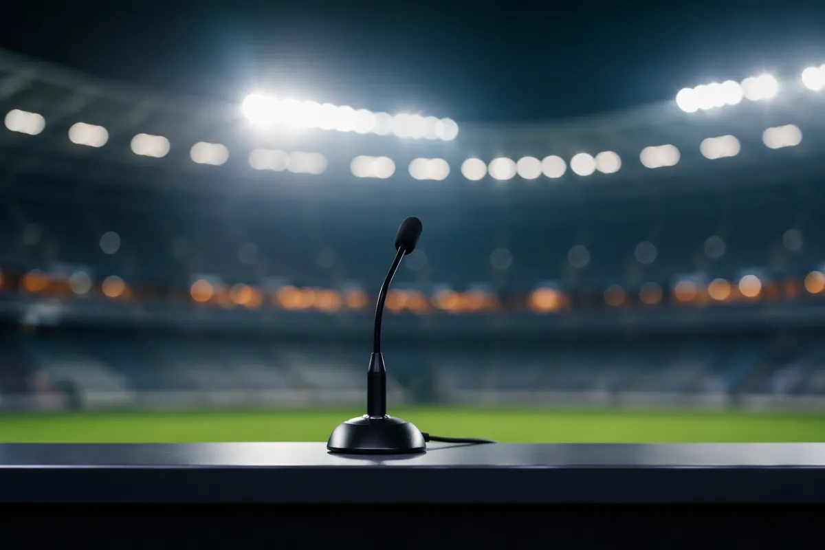 Professional football press conference scene, empty podium with microphone, blurred backgr