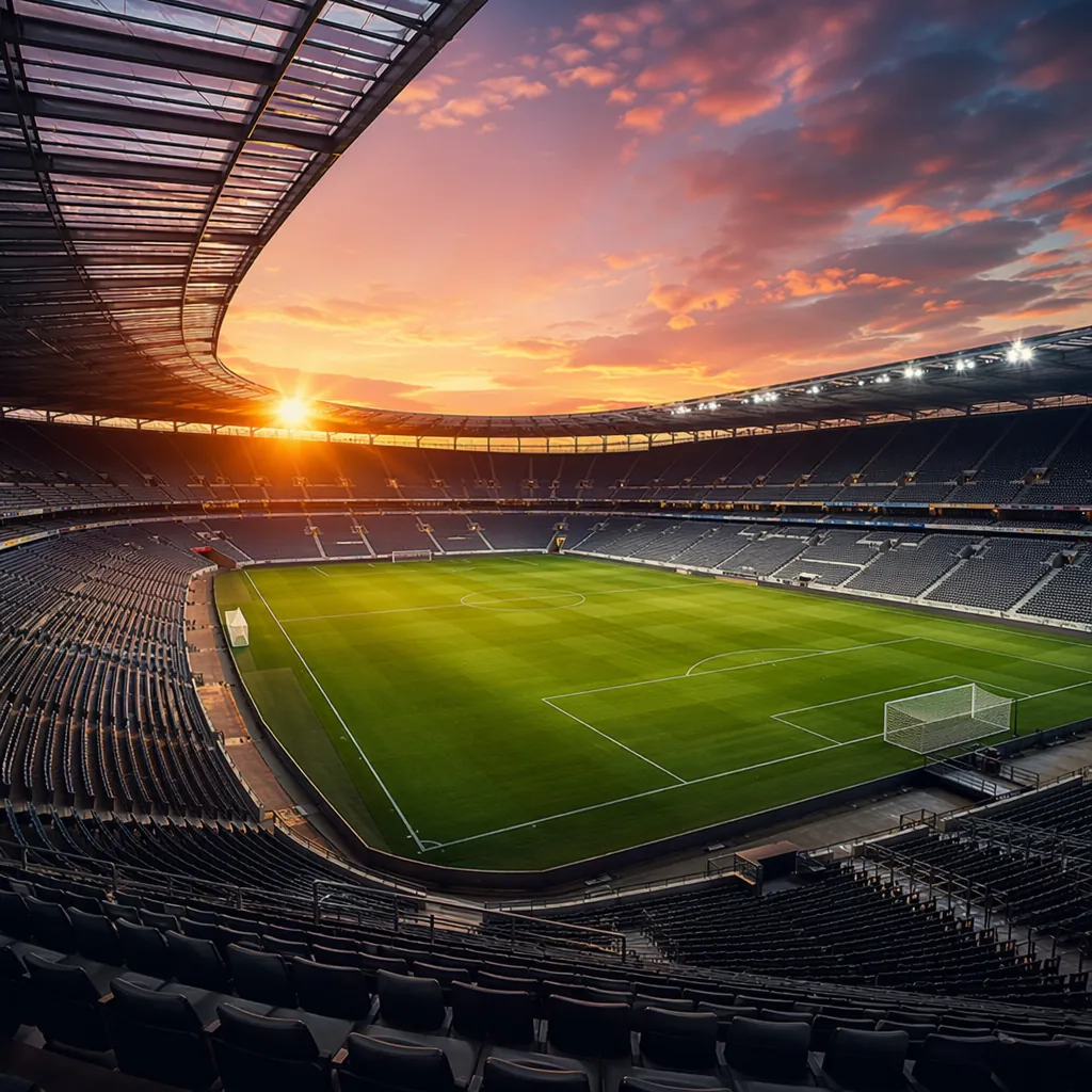 Wide shot of modern football stadium during sunset, empty stands, green pitch, n