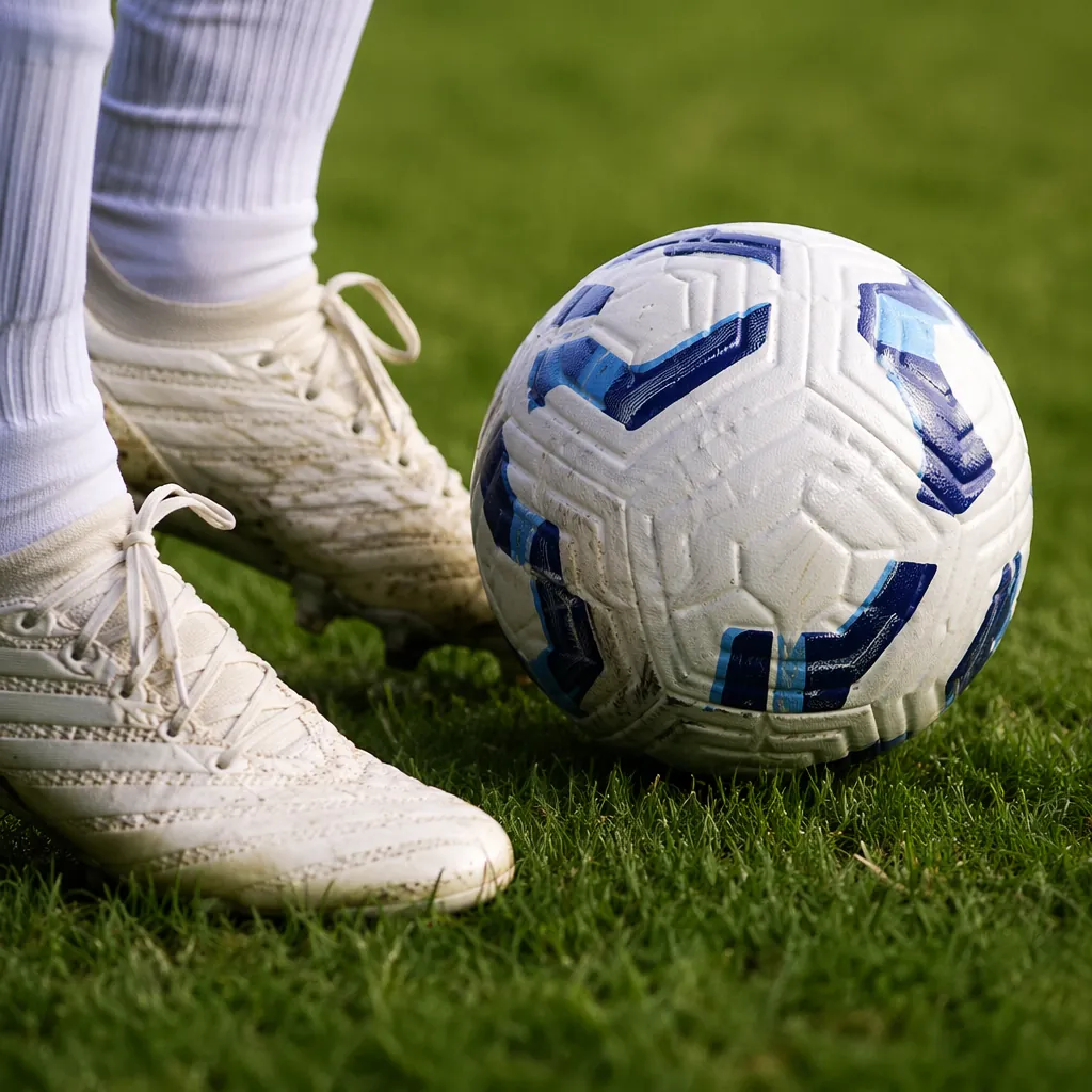 Close up of football boots and a official match ball on green grass, no logos, s