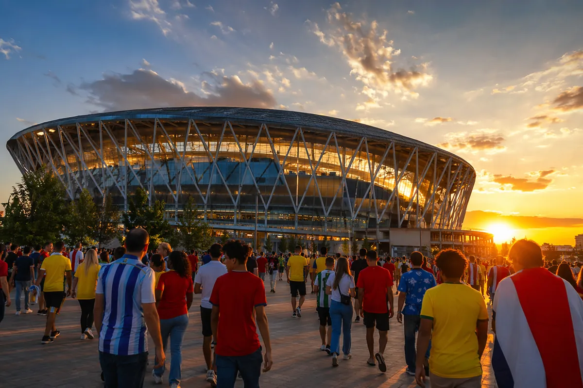 Wide shot of a vibrant, modern football stadium exterior at golden hour, with crowds of di