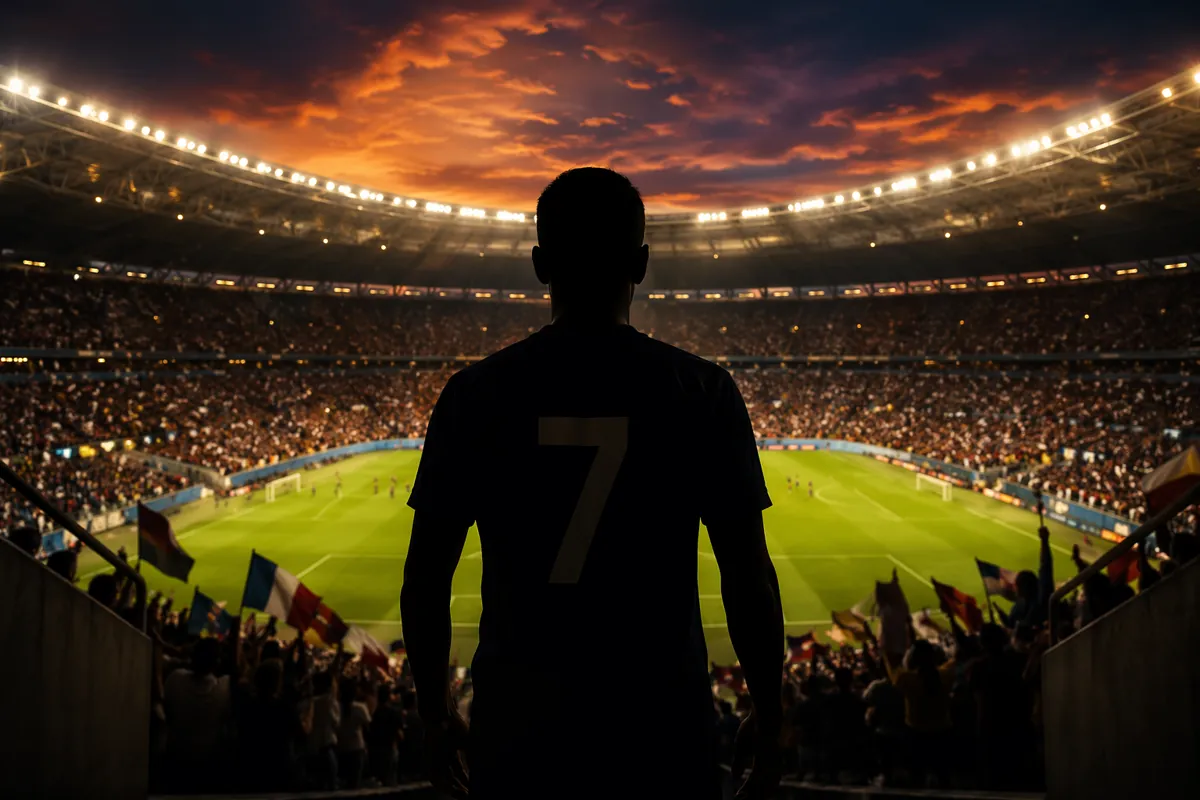 Silhouette of a football player wearing number 7 jersey standing in front of a packed Worl