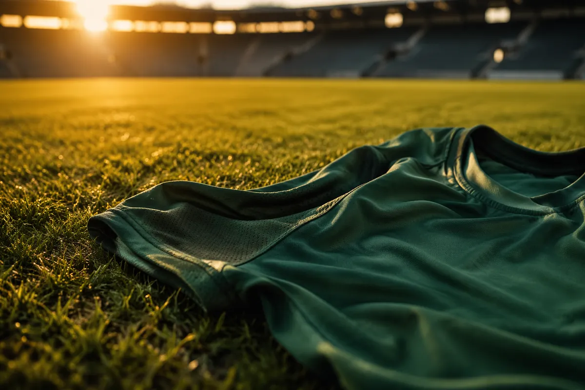 Professional sports news header image, close-up of a dark green football jersey placed on