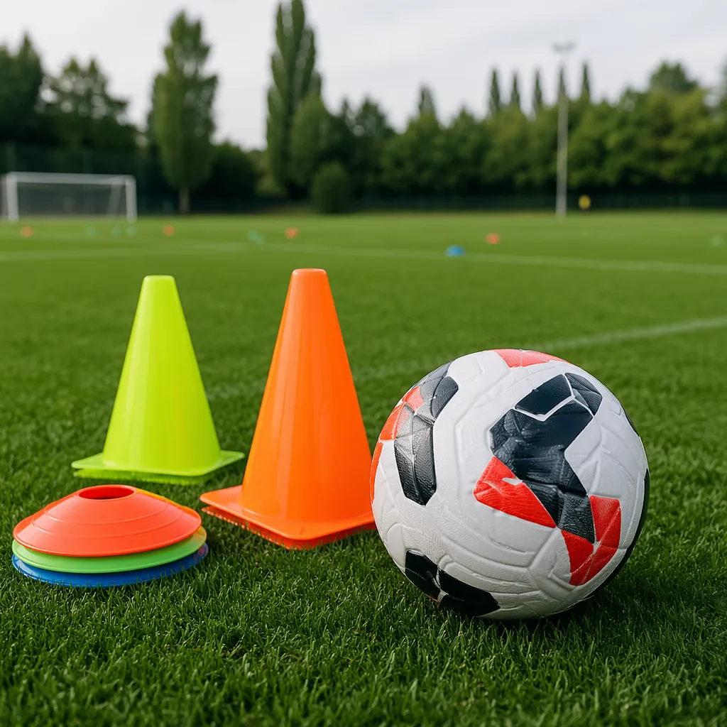 Close-up of professional football training equipment including cones and match b
