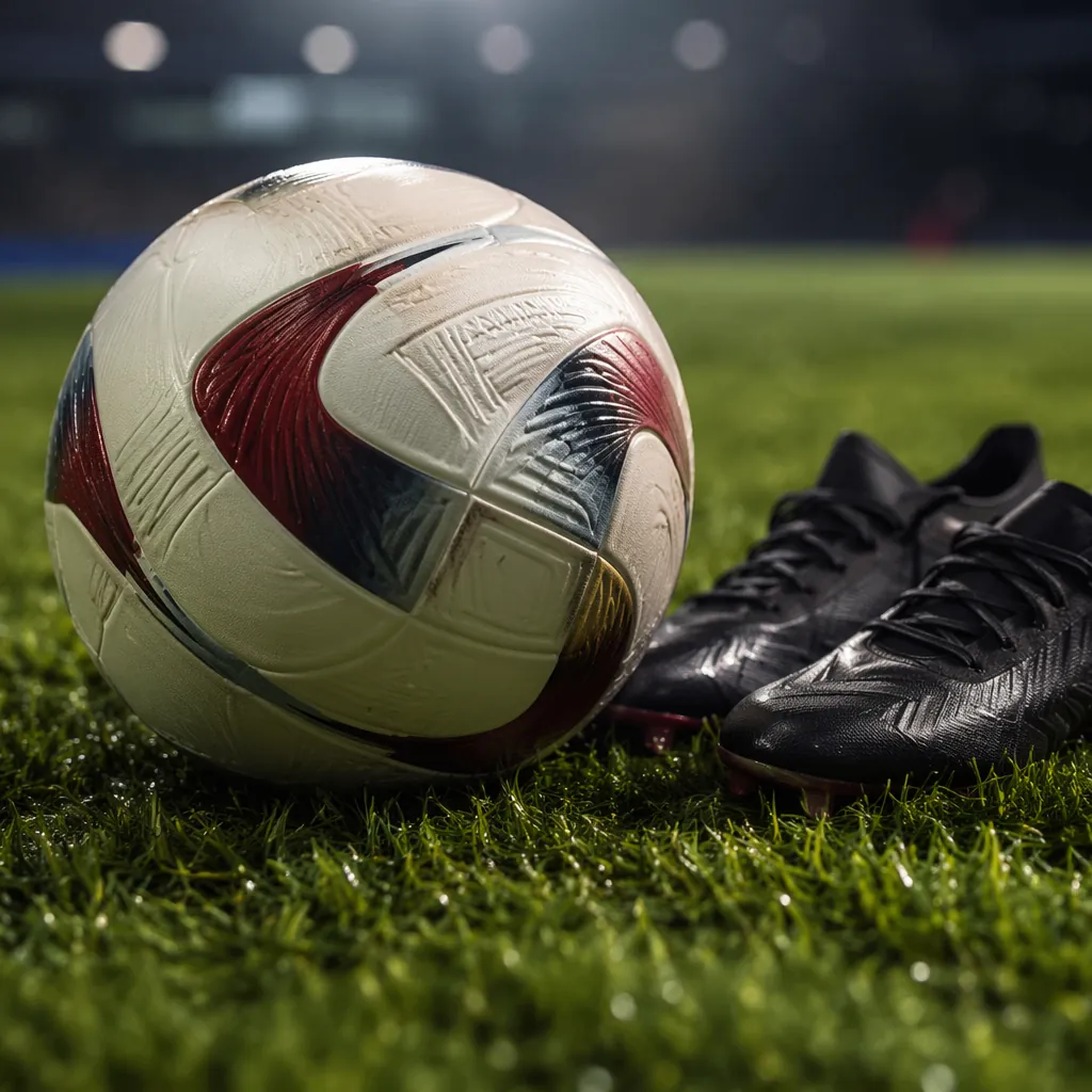 Close up of a World Cup official match ball resting on green grass next to footb