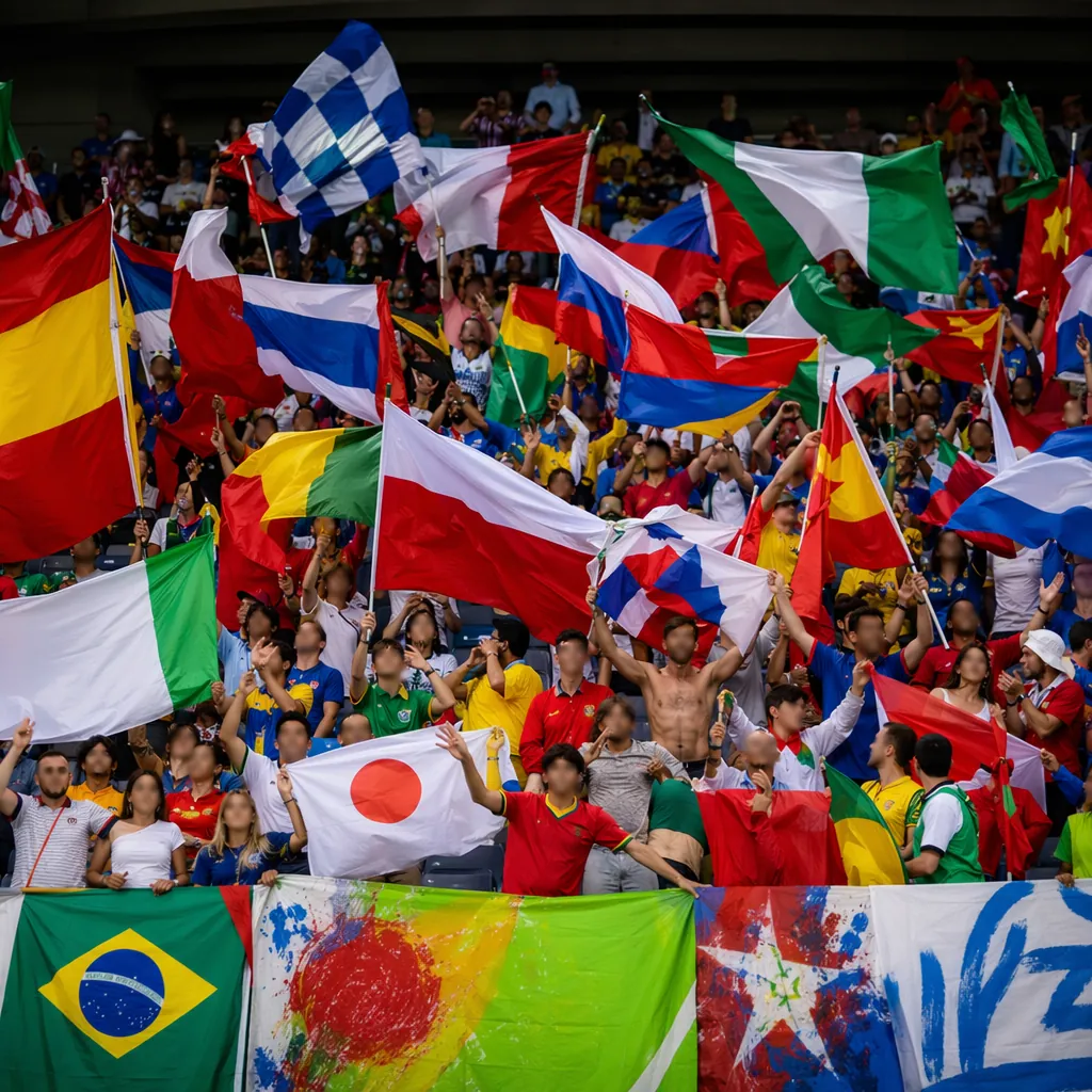 Wide shot of football fans waving colorful national flags in stadium stands, hol