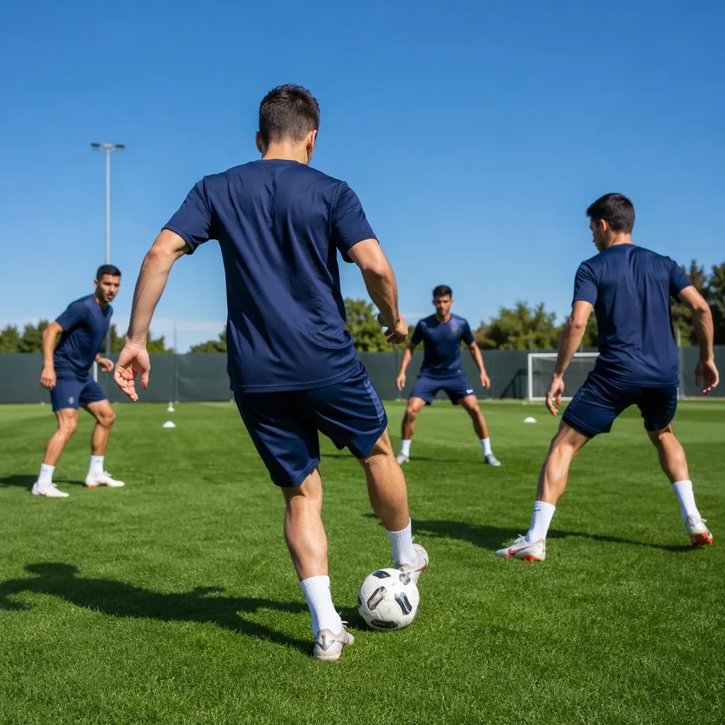 Generic national football team training on a well-maintained green pitch, player