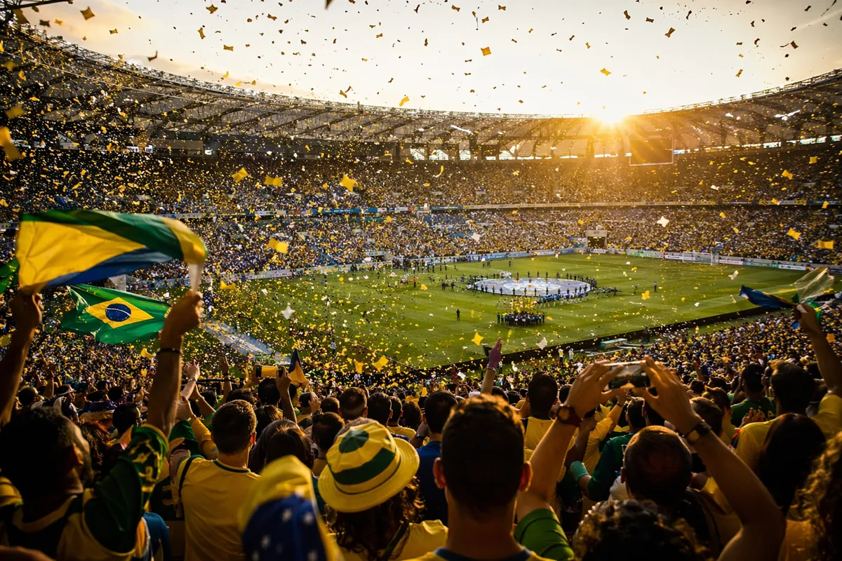 Wide shot of a packed football stadium during World Cup match, golden hour light, fans che