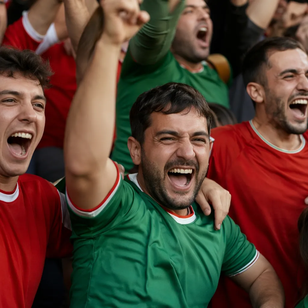 Close up of football fans in stands celebrating together, wearing generic red an
