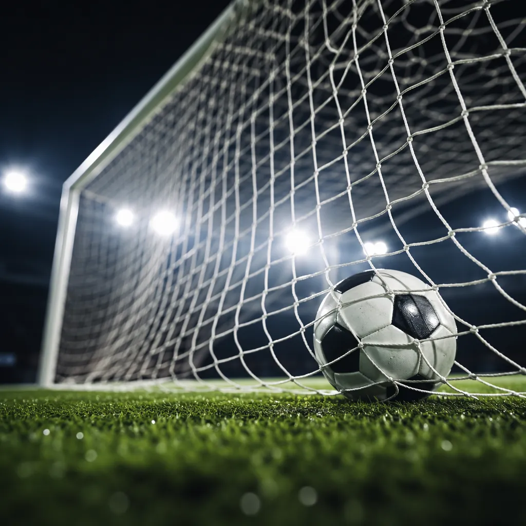 Low angle shot of a generic football goal net with a football inside, bright sta