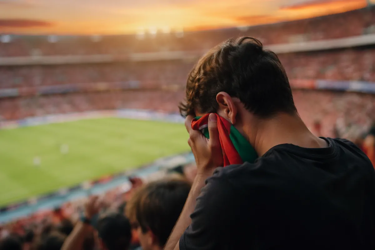 A blurred view of a football stadium stand during a match, one young male fan is crying wi