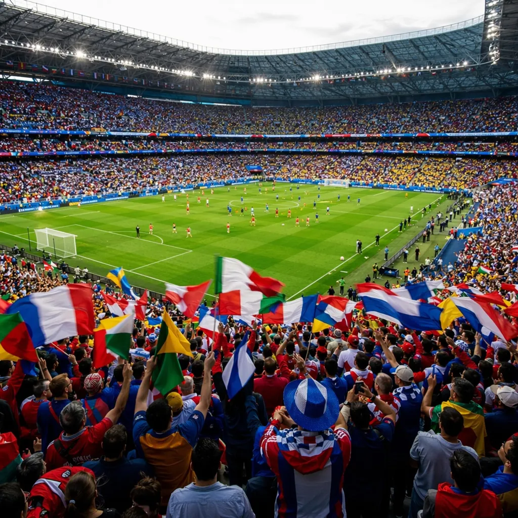 Wide shot of a packed World Cup stadium during pre-match warmup, fans waving col