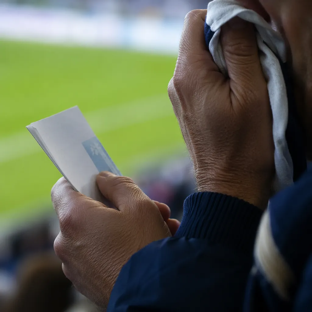 Close up of a football fan's hands holding a match ticket while wiping tears, bl