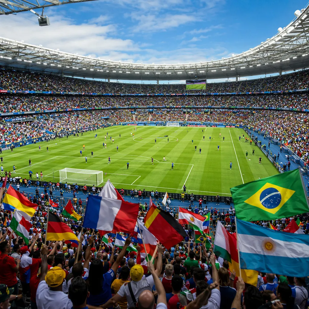 Wide shot of packed soccer stadium during pre-tournament warm up match, fans wav