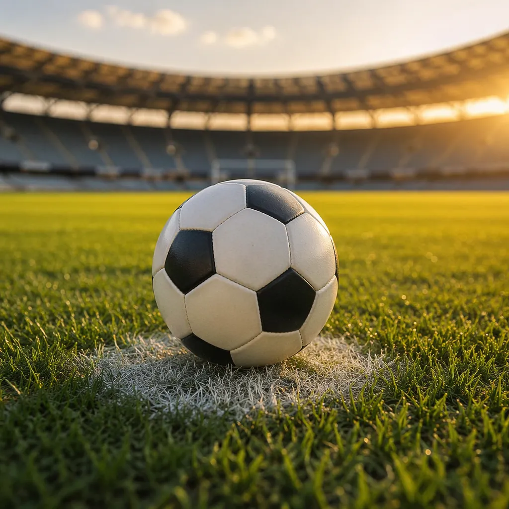 Close up of soccer ball placed on penalty spot in empty professional stadium, so