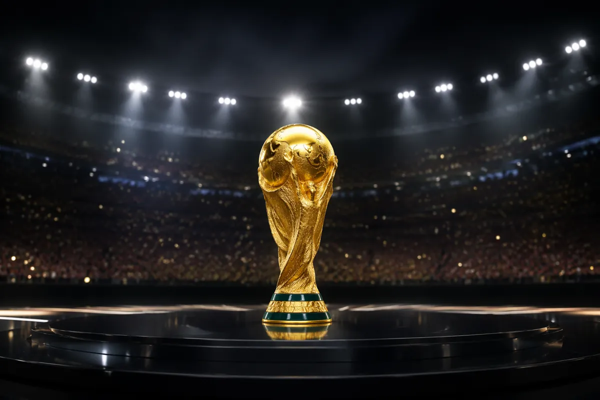A dramatic wide shot of a golden World Cup trophy on a polished dark stage, soft stadium s